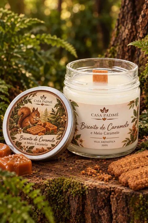 Vela Biscoito de Caramelo com pavio de madeira
